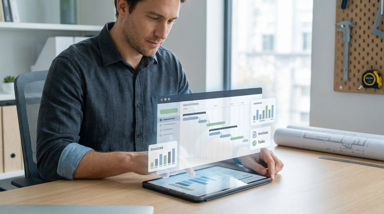 Connexion artisan clic : le guide pour gérer vos chantiers Artisan utilisant une interface numérique holographique sur tablette pour gérer ses chantiers.