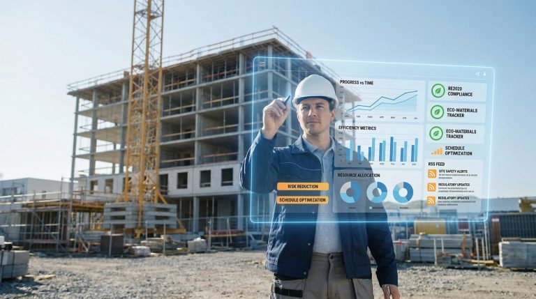 Bati actu : optimisez votre veille et vos chantiers Un chef de chantier utilise une interface holographique pour analyser des données de construction en temps réel.