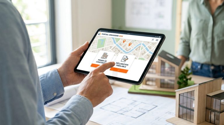 Permis habitation : simplifiez vos démarches en 2026 Personne utilisant une tablette pour accéder au portail d'urbanisme numérique 2026 pour un permis de construire.