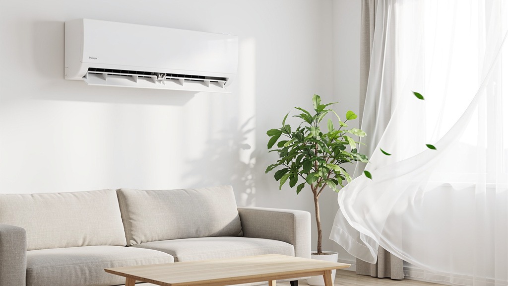Climatiseur mural en mode ventilation dans un salon