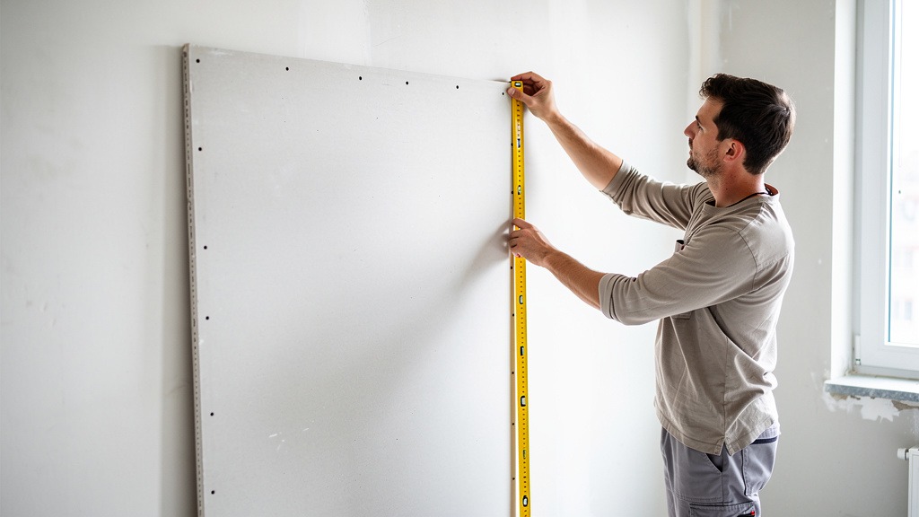 Vérification de l'aplomb d'une plaque de placo collée sur un mur