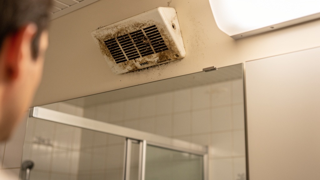 Bouche d'extraction VMC encrassée dans une salle de bain d'appartement