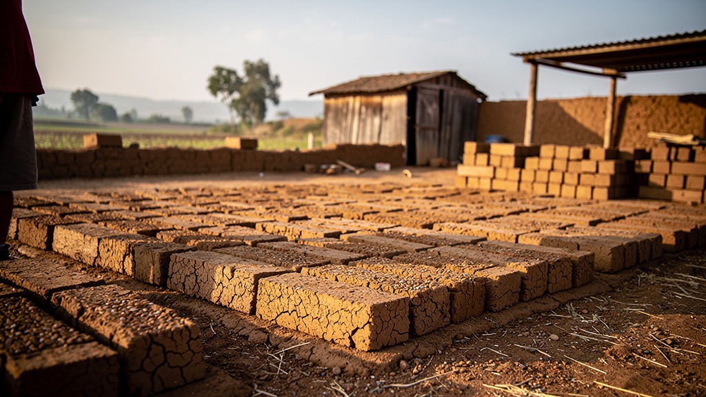 Briques d'adobe séchant au soleil dans une cour de ferme