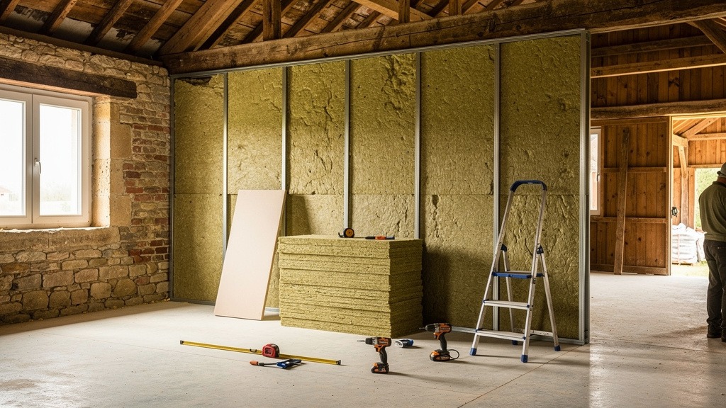 Chantier d'isolation intérieure dans une grange en réhabilitation