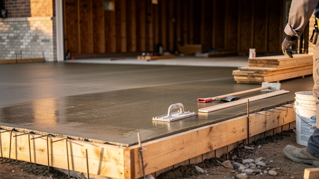 Dalle béton fraîchement coulée sur un chantier de garage