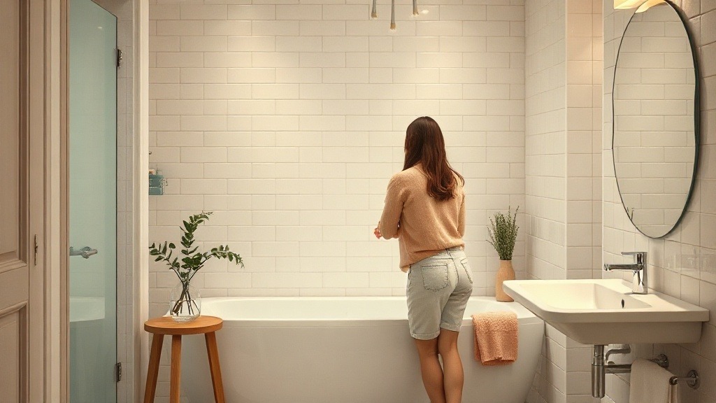 Femme posant du carrelage dans une salle de bain en rénovation