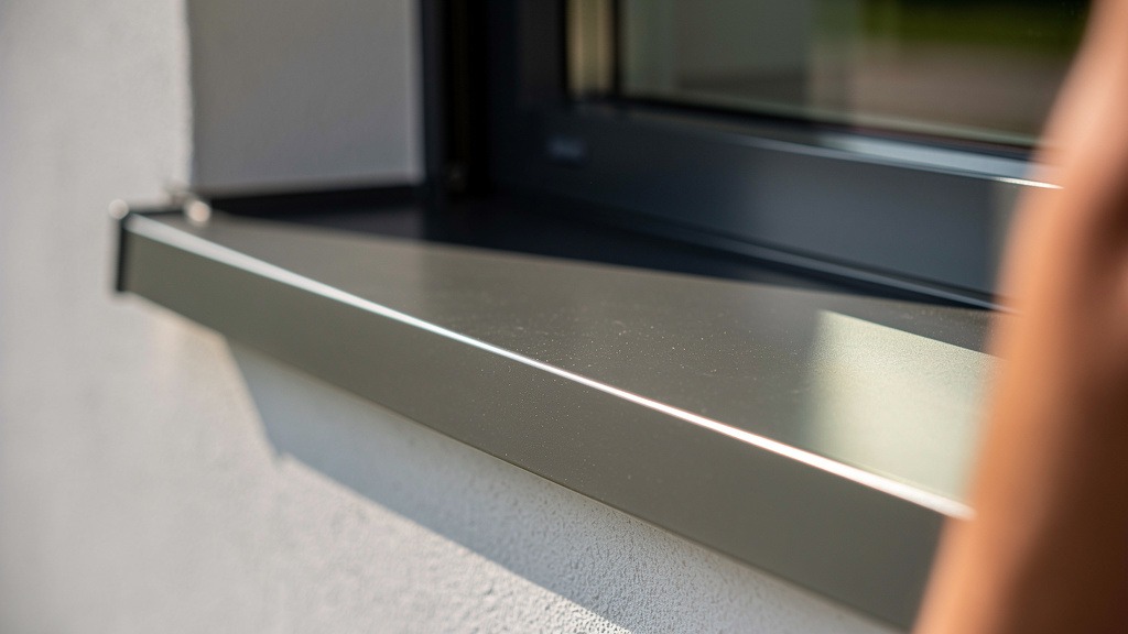Gros plan sur un rebord de fenêtre extérieur en aluminium gris anthracite