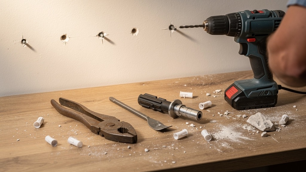 Outils posés sur un établi pour retirer des chevilles de mur