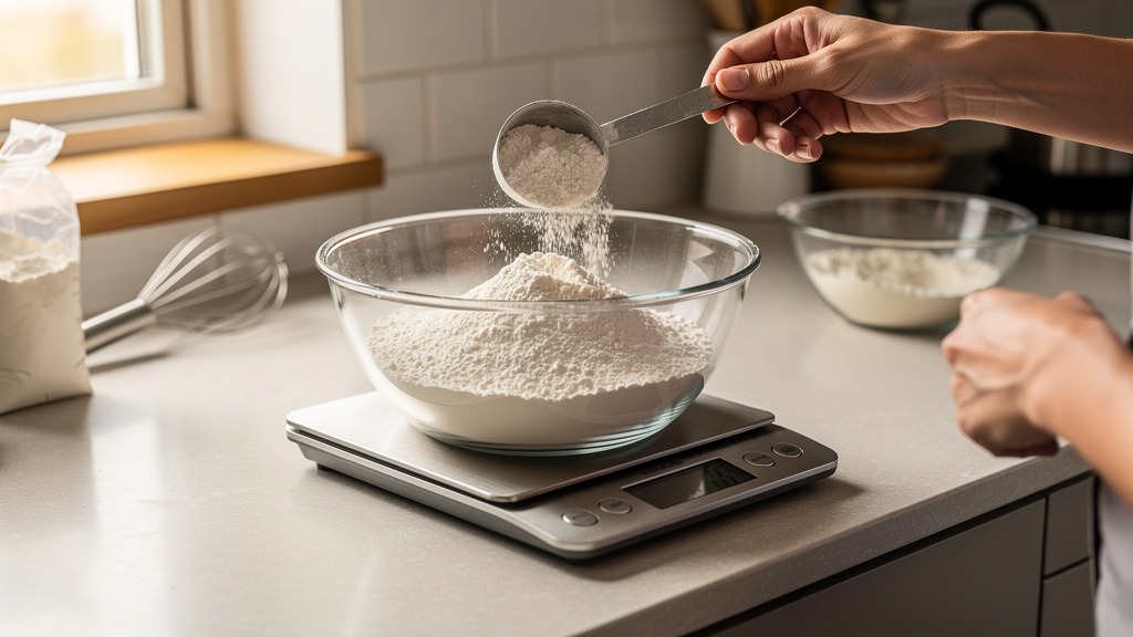 Personne pesant de la farine sur une balance numérique de cuisine