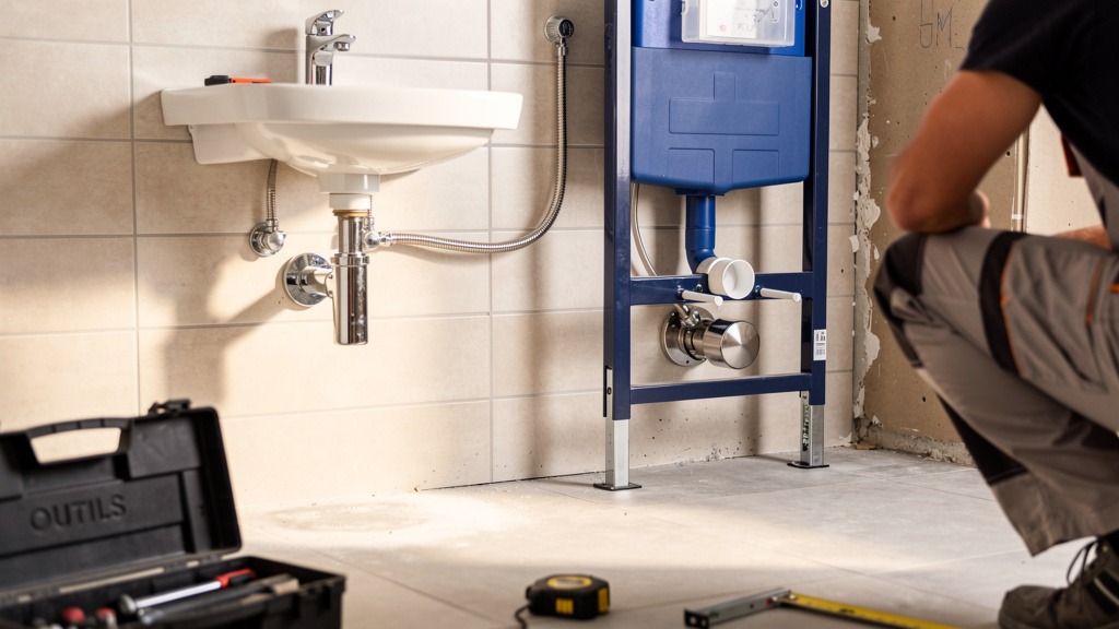 Plombier raccordant un lave-mains sur bâti-support de WC suspendu