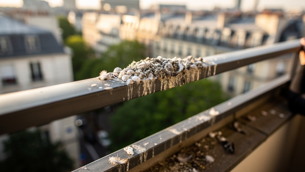 Traces de fientes de pigeons sur la rambarde d'un balcon