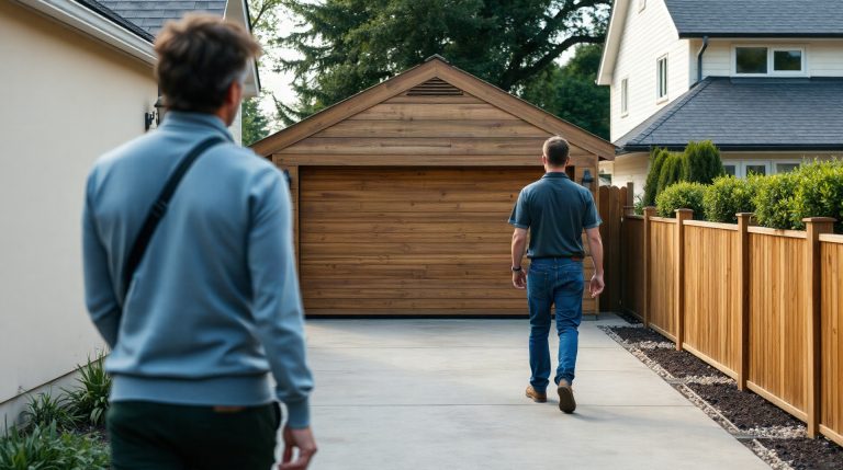 Garage de 20 m² sans permis de construire : ce que la loi autorise vraiment Garage en bois de 20 m² construit dans un jardin pavillonnaire