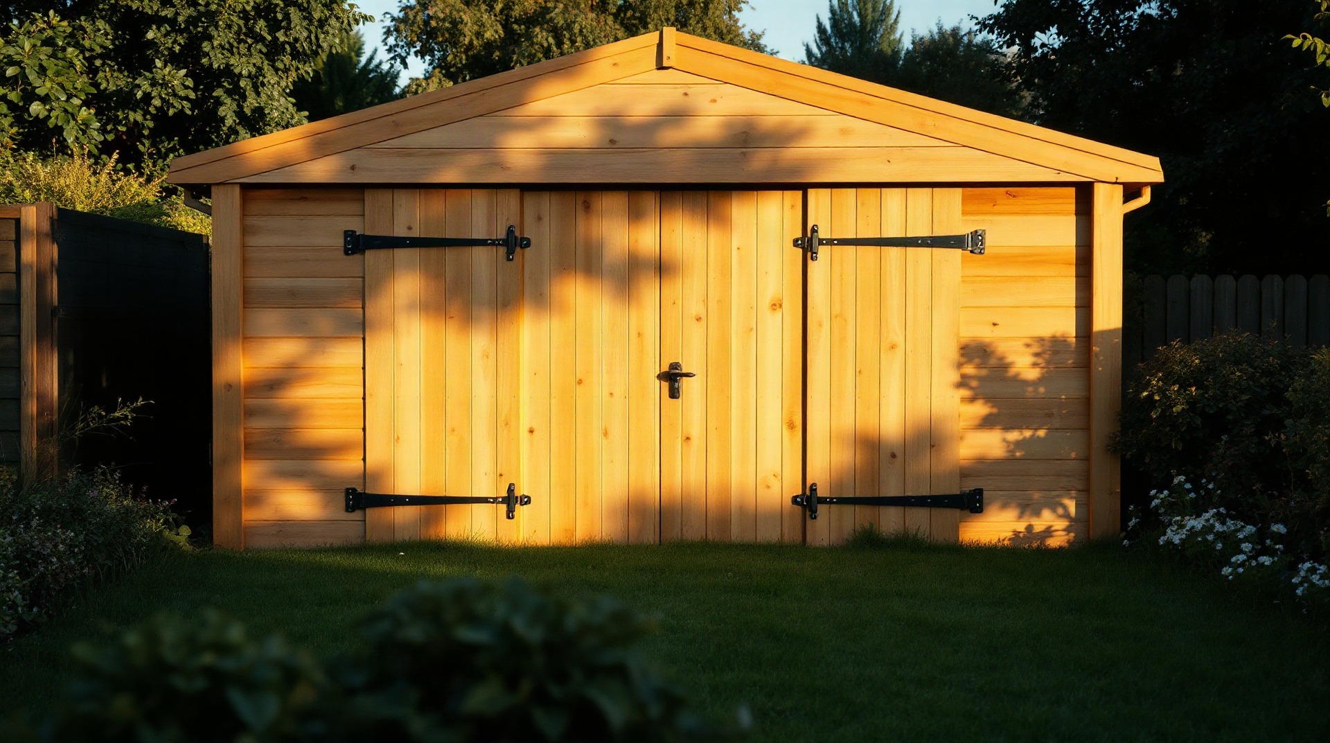 Garage en bois indépendant de 50 m2 avec double porte dans un jardin