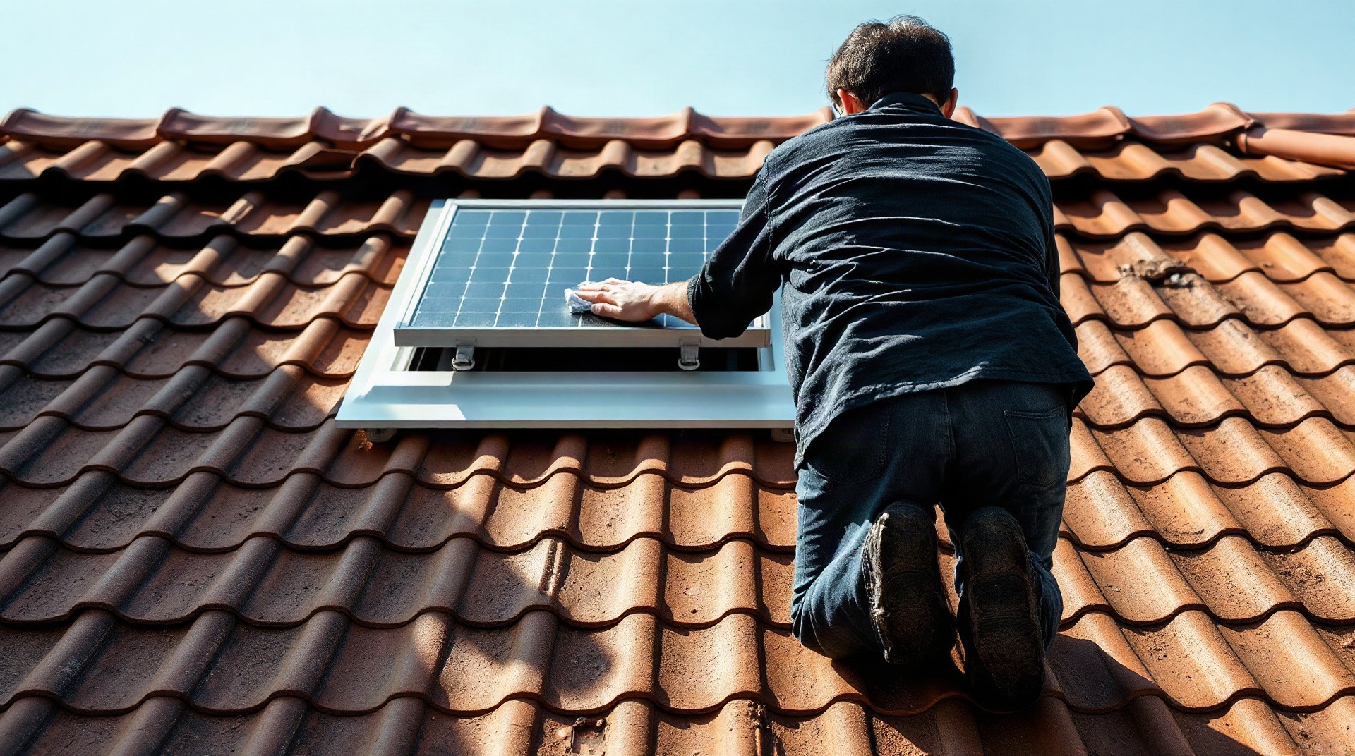 Nettoyage du panneau solaire d'un volet roulant Velux sur toit