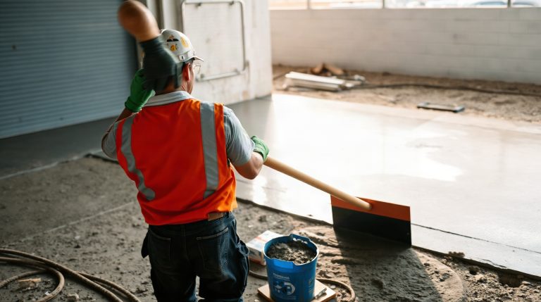 Ouvrier coulant une dalle béton pour la construction d'un garage de 50 m2