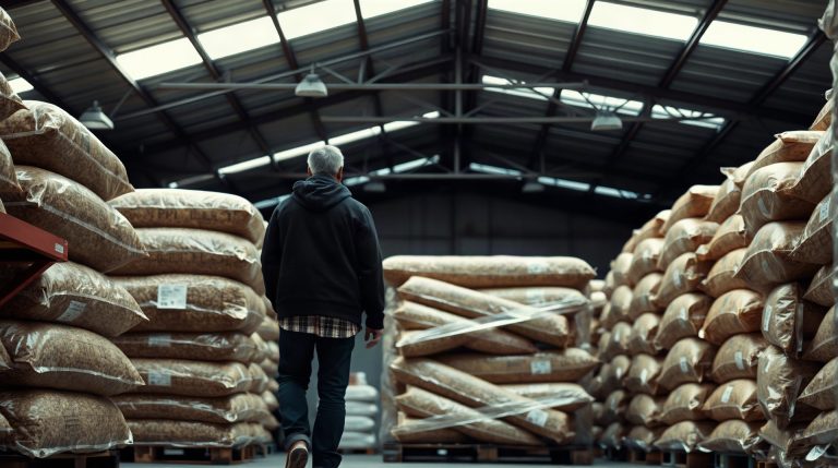 Prix d’un sac de pellets 15 kg chez Leclerc : ce qu’il faut savoir en 2026 Palette de sacs de granulés de bois en rayon dans un magasin Leclerc