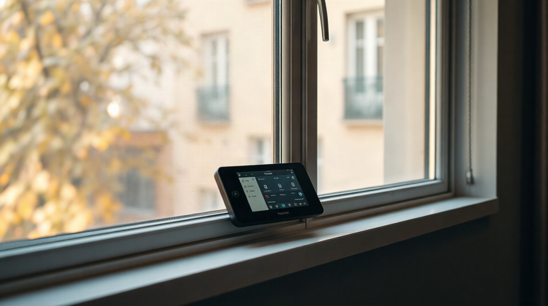 Télécommande Somfy posée sur un rebord de fenêtre