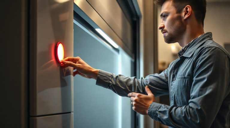 Volet roulant Somfy : télécommande qui ne fonctionne plus, que faire ? Technicien appuyant sur le bouton PROG d'un moteur de volet roulant