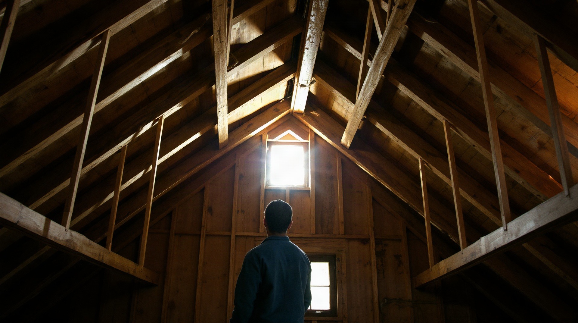 Vue intérieure d'une charpente en bois avant isolation de toiture