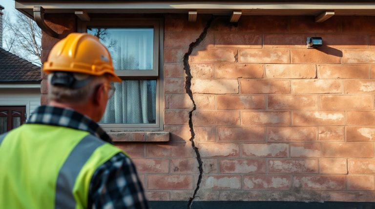 Est-ce que l’assurance habitation couvre les fissures ? Expert en bâtiment inspectant une fissure sur façade de maison