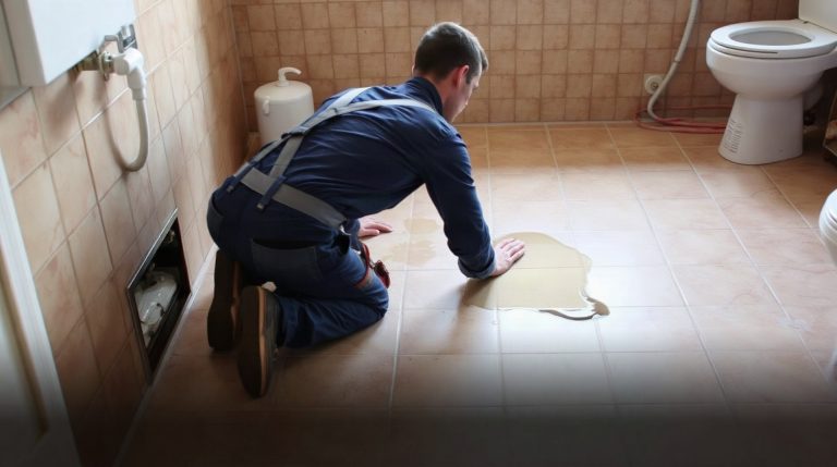 Chauffe-eau qui fuit : est-ce vraiment dangereux ? Fuite visible sous un chauffe-eau dans une salle de bain