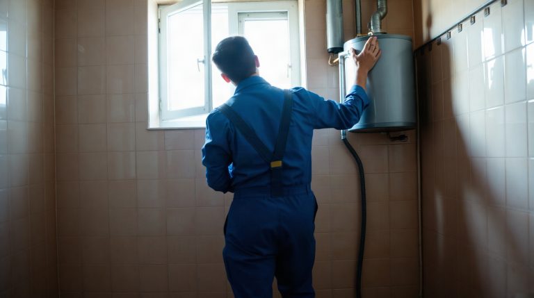 Chauffe-eau en fin de vie : les signes qui annoncent le remplacement Technicien inspectant un vieux chauffe-eau électrique dans une cave