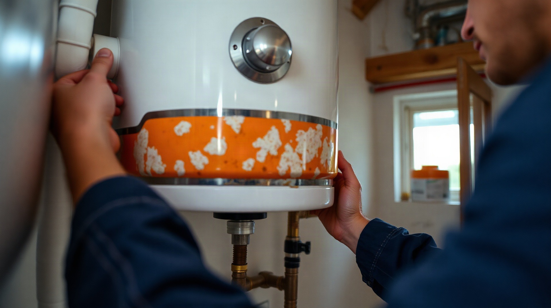 Traces de rouille et de calcaire sur un chauffe-eau vieillissant