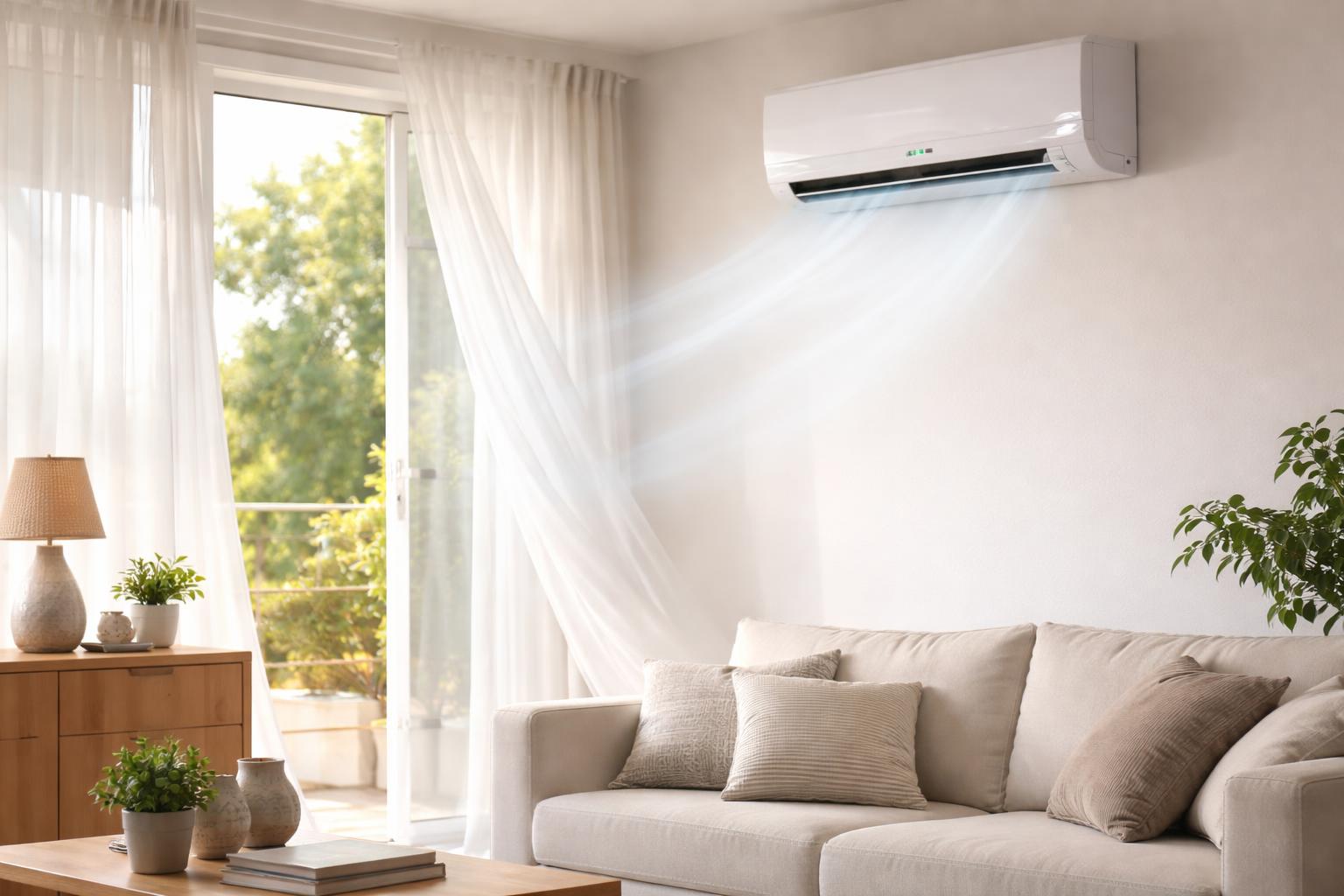 Unité intérieure de climatisation en fonctionnement dans un salon